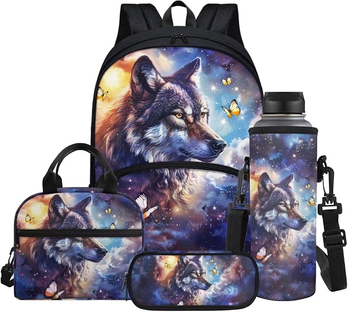 Nebula Wolf Butterfly Print Backpack for Boys School Bags Set with Insulated Lunch Bag Cooler Water Bottle Sleeve Pencil Pen Case 4 Pieces for Teenage Student by Glomenade