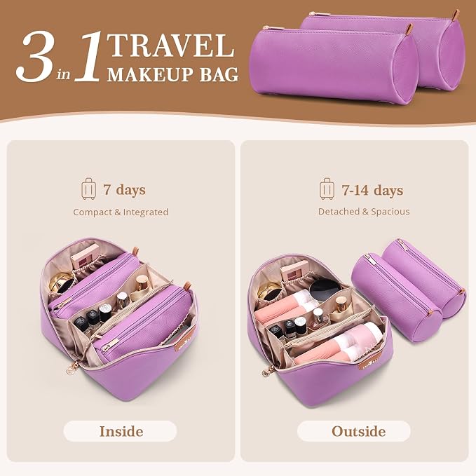 Travel Makeup Bag for Women: 3-in-1 Large Capacity Cosmetics Organizer with 2 Detachable Pouch - Vegan Leather Flat Open Toiletry Bag - Travel Essentials for Full-Sized Bottles(01-Purple) - Image 2
