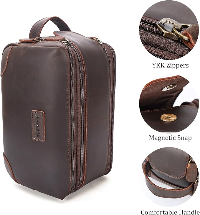 Polare Full Grain Leather Travel Toiletry Bag Dopp Kit Large Cosmetic Travel Case Shaving Kit Wash with YKK Zippers - Image 8