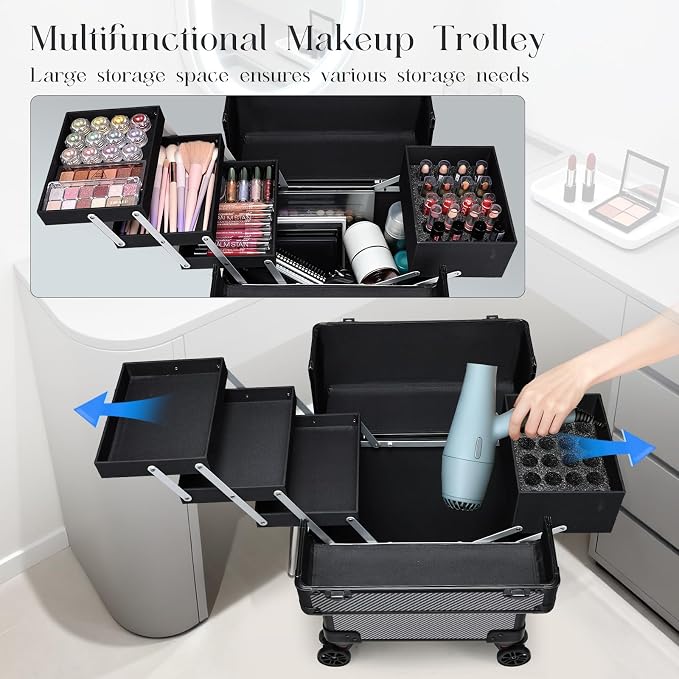Rolling Makeup Case, Cosmetology Case on Wheels Professional Vanity Case with Trays for Women Large Travel Makeup Box Organizer Trolley with Key, Ashy Grey - Image 5
