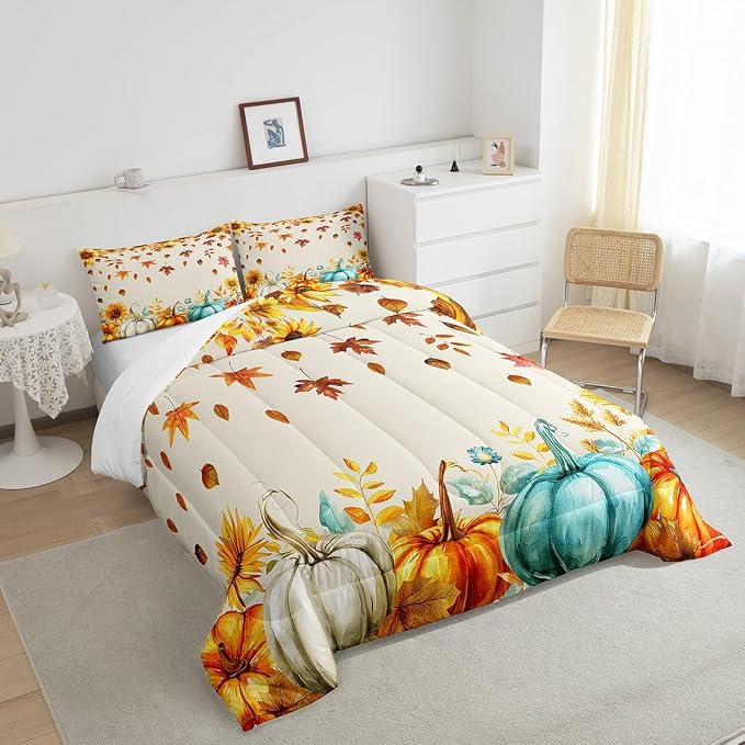 Fall Pumpkin Bedding Set For Home Full Thanksgiving Harvest Season Fruit Decor Comforter Set Autumn Fall Maple Leaf Quilt Comforter for Kids Teen Adults,Rustic Farm Sunflower Bed Sets 2 Pillow Cases - Image 5