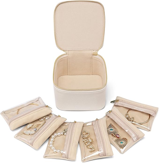 VLANDO Travel Jewelry Case,Valentines Gifts,Small Jewelry Box Organizer,Travel Jewelry Storage with 6 Velvet Jewelry Zipper Pockets, Birthday Gifts for Women Girls (White) by VLANDO