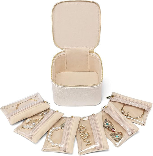 VLANDO Travel Jewelry Case,Valentines Gifts,Small Jewelry Box Organizer,Travel Jewelry Storage with 6 Velvet Jewelry Zipper Pockets, Birthday Gifts for Women Girls (White) by VLANDO