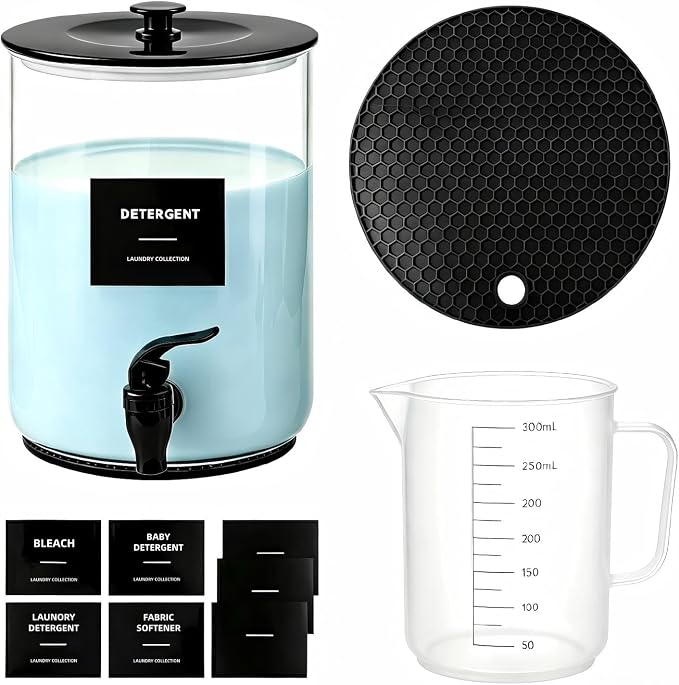 Glass Laundry Detergent Dispenser,1 Gallon Large Liquid Soap 1Pack(Black) | Complete borosilicate jars set with leakproof spigots, protective silicone mats, minimalist labels, and dosing cups. by Unknown