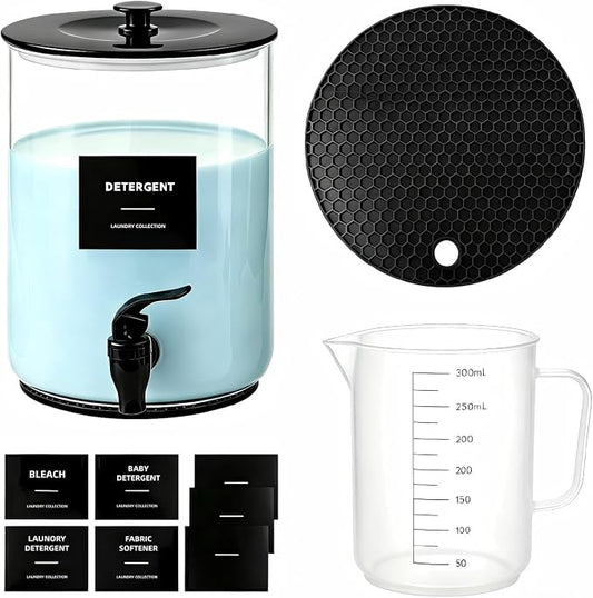 Glass Laundry Detergent Dispenser,1 Gallon Large Liquid Soap 1Pack(Black) | Complete borosilicate jars set with leakproof spigots, protective silicone mats, minimalist labels, and dosing cups. by Unknown