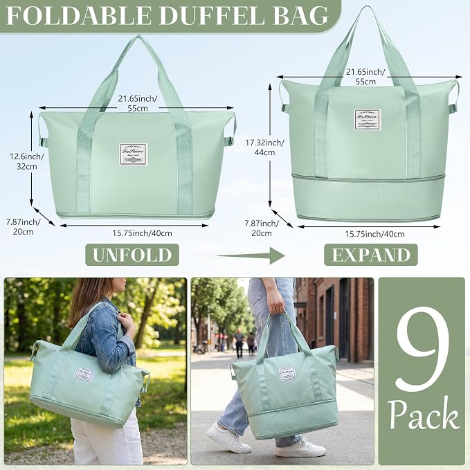 9 Pack Expandable Travel Bags Bulk, Foldable Duffel Bag for Travel Waterproof Shoulder Weekender Overnight Totes with Wet Pocket Sports Gym Totes Airport Carry on Luggage for Women Men - Image 2