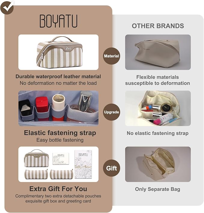 BOYATU Travel Makeup Bag Cosmetic Bag for Women: 3 Pcs Set Striped Make up Bag with Compartment - Waterproof Vegan Leather Toiletry Bag with Handle - Makeup Organizer for Travel Essential(A-6-Apricot) - Image 2