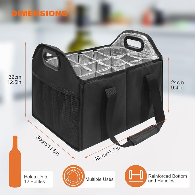 12 Bottle Wine Carrier Collapsible Bottle Caddy with Handles Storage Box for Travel Picnics Weddings Shopping Wine Tasting (Black) - Image 3