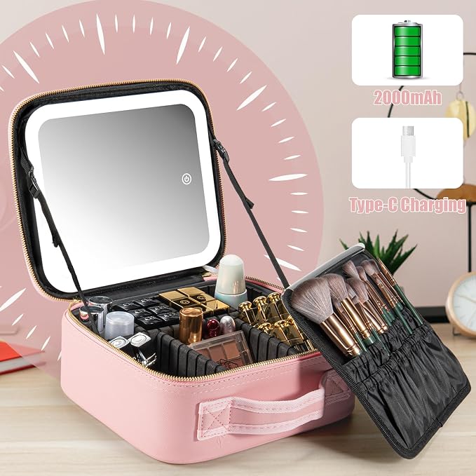 Extrei Gent Makeup Travel Train Case with Mirror LED Light 3 Adjustable Brightness Large Cosmetic Bag Portable Storage Adjustable Partition Waterproof Makeup Brushes Make up Jewelry Gift for Women - Image 2