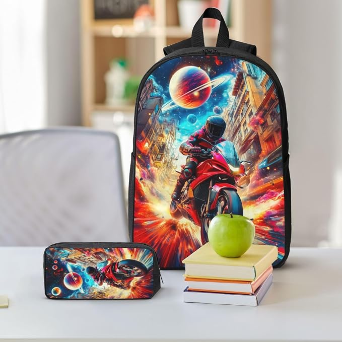 Motorcycle Kid Backpack Set with Lunch Bag & Pencil Case Large Capacity School Bag 17 Inch Bookbag for Boy Girl - Image 8