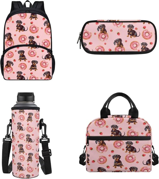 4Piece Kids School Backpack Set Dachshund Dog Backpack Dog Schoolbag Set with Lunch Bag Pencil Case Water Bottle Holder Bag for Boys Girls by Chririnla