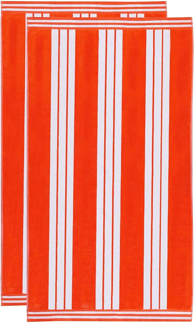 Superior Oversized Cotton Beach Towel Set of 2, Absorbent Towels for Bathroom, Beach, Pool, Swim, Adults, Kids, Vacation, Travel, Bath Sheet, Quick Dry Basics, Trip Essentials, Striped Decor, Coral - Image 2