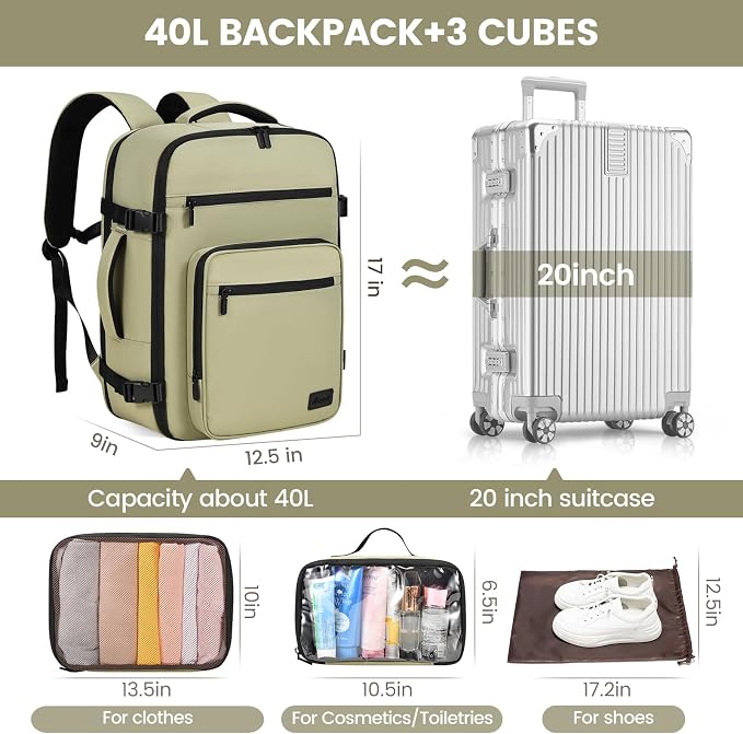 LOVEVOOK Travel Backpack For Women,40L Carry On Backpack Flight Approved,TSA Personal Item Travel Bag Fits 17 Inch Laptop,Weekender Overnight Daypack with Toiletry Bag and Cube,White Light-brown - Image 7