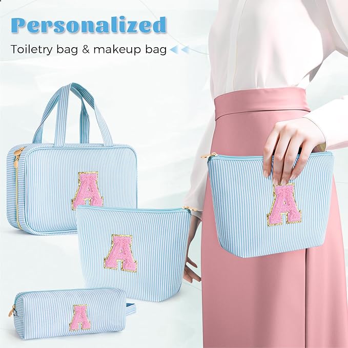 Gifts for Teen Girls Women - Travel Hanging Toiletry Bag & Makeup Bag - Personalized Initial Cosmetic Bag | Birthday Gift for Girl Trendy Stuff - Blue A - Image 4