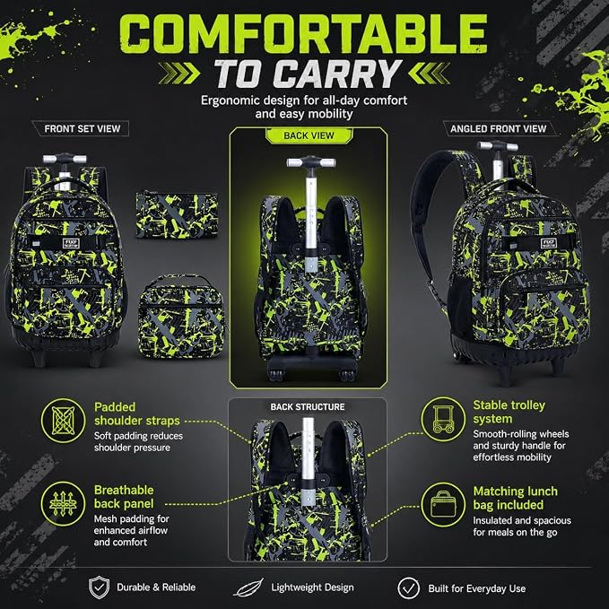 3Pcs Rolling Backpack for Boys, Men Roller Bag with Wheels for Adults, 19 Inche Graffiti Wheeled Bookbag with Lunch Box(Green) - Image 5