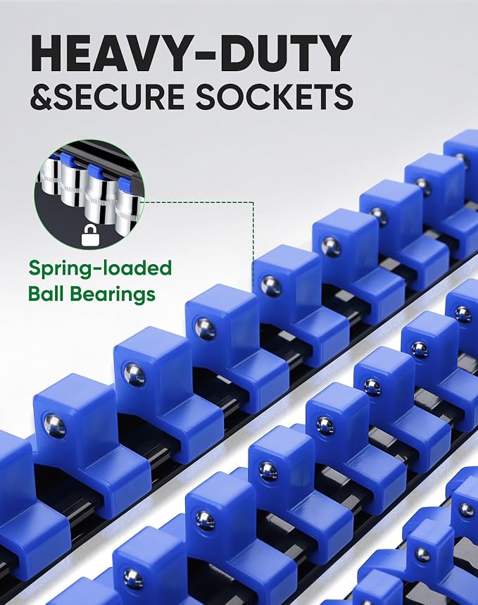 ALOANES 18PC Socket Organizer, Socket Rails Fit 1/2", 1/4" and 3/8" Drive | Heavy Duty ABS Socket Holders Hold up 258 Sockets for Toolbox Drawer Bags(Blue) - Image 3