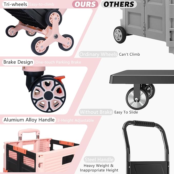 FELICON SELORSS Folding Utility Climber Cart Portable Rolling Crate-Pink | Stair Climbing Wheels+360°Swivel Wheels,Telescoping Handle,Plastic Box Dolly for Travel Shop Move Laundry Office Teacher Use - Image 6