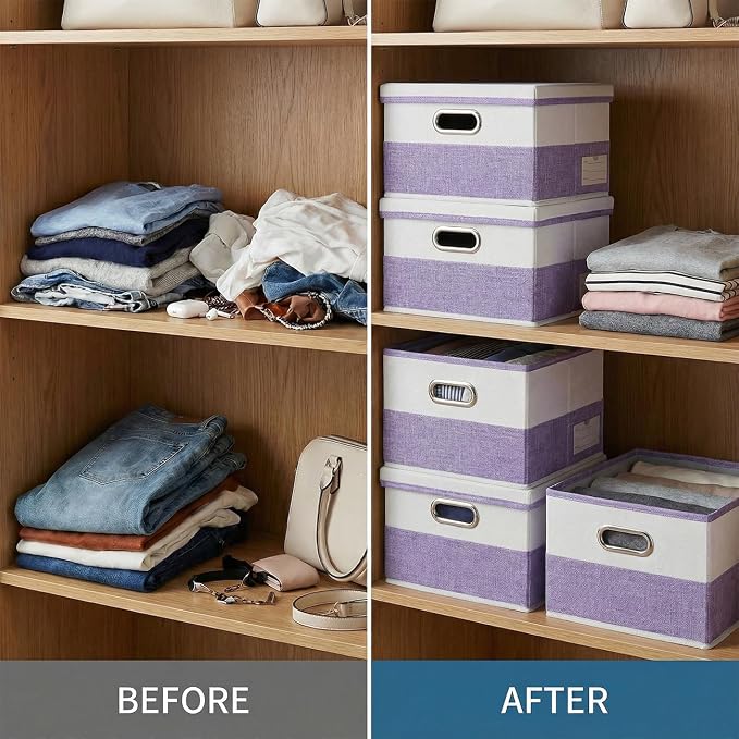 PRANDOM Storage Bins with Lids [3-Pack] Linen Fabric Foldable Storage Boxes Organizer Containers Baskets Cube with Cover for Bedroom Closet Office Purple&White（11.4X8.6X6.7 - Image 6