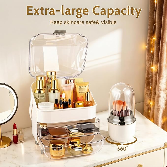 Makeup Organizer with Drawers-Cosmetic Display Case for Vanity|Skincare Organizer with 360 Rotating Brush Holder,Large Storage Box Dresser,Women Gifts Display Cases for Bathroom Countertop, Sliver - Image 3