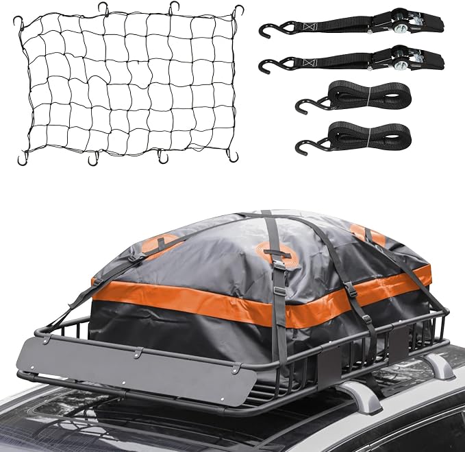 WEIZE 54" x 34" x 6" 200lb Heavy Duty Roof Rack Carrier Basket with Waterproof Bag, Cargo Net and Ratchet Straps, Universal Car Top Luggage Holder for SUV, Truck by WEIZE
