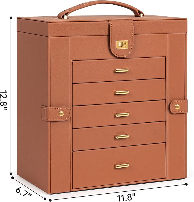 AKOZLIN 6-Tier Jewelry Box Organizer Functional 5 Drawers Leather Jewelry Storage Case for Women Girls Ring Necklace Earring Bracelet Holder Organizer with Mirror Extra Large Orange - Image 3