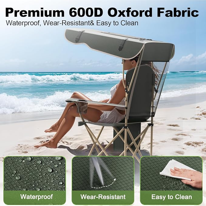VTOY Portable Camping Chair with Canopy - Folding Chair with Canopy, Durable 600D Oxford Canopy Chair for Camping, Beach, Picnics, Fishing & Sports - Image 5