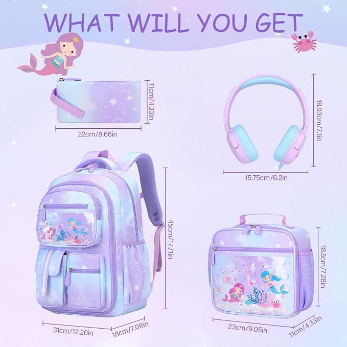 ACESAK Kids Backpack for Girls, Mermaid Backpack Set with Over-ear headphones, Lunch Bag Set for School, Girls Backpack for Elementary Middle school Teen Student(Purple) - Image 2