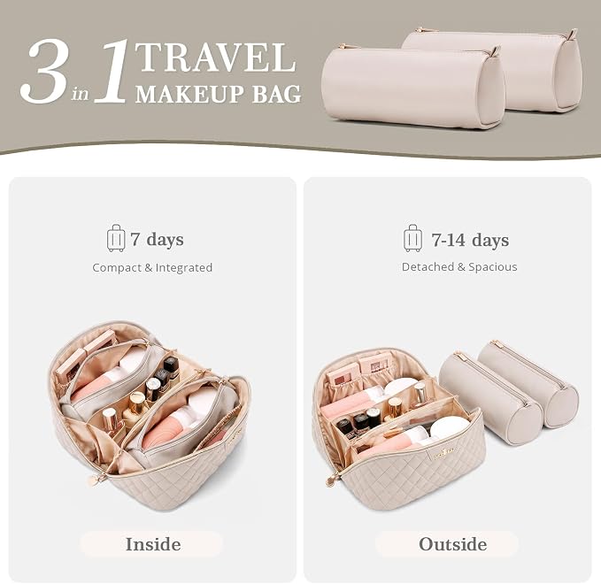 Travel Makeup Bags Cosmetic Organizer: 3Pcs Set Puffy Make up Bag for Women | Beige Premium Quilted ELEGANCE Design | Large Capacity Leather Toiletry Bags | Wide Open Compact Case for Travel Essentials - Image 4