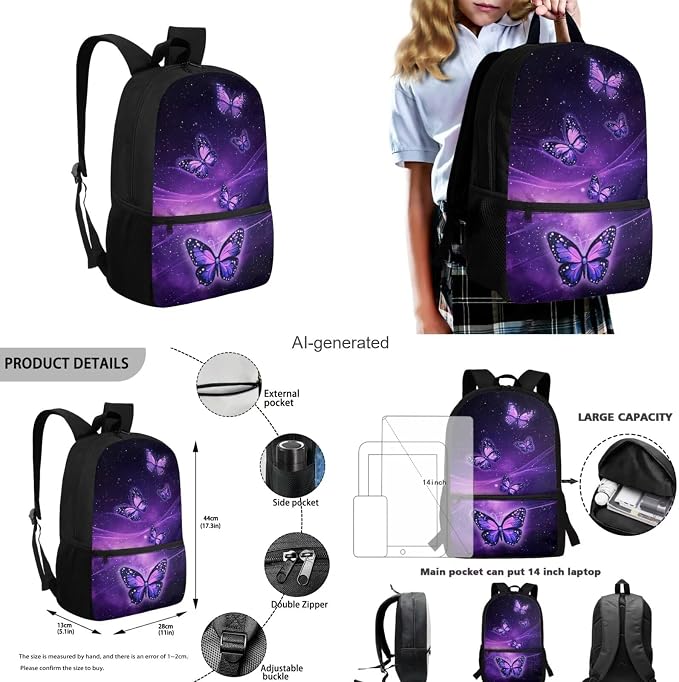 Galaxy Butterfly Backpack for Kids Girls Backpack with Lunch Box Water Bottle Carrier with Strap and Big Pencil Case 4PCS Set Bookbag with Front Pocket for School 17" Lightweight School Bag - Image 3