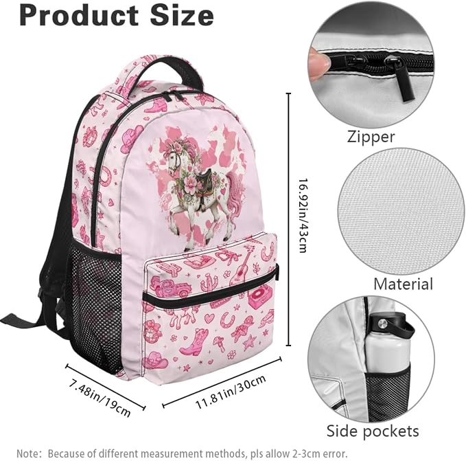 Floral Cowgirl Horse Girls Backpack Set 4-Piece, Waterproof Lightweight School Bag with Insulated Lunch Box & Pencil Case, Cute Western Bookbag Back to School - Image 4