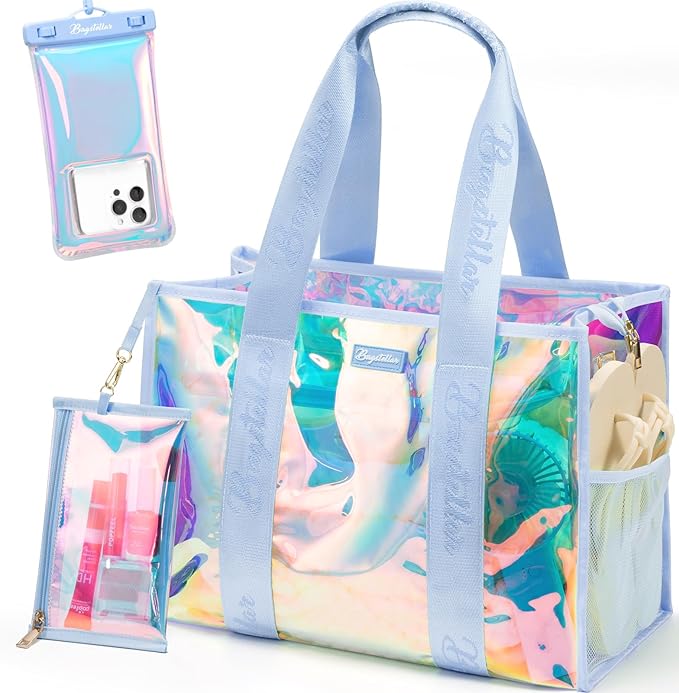 Bagstellar Iridescent Beach Bag, Jelly Tote Bag with Phone Pouch Makeup Bag | Large Beach Bags Waterproof Sandproof, Zipper Beach Tote Clear Pool Swim Boat Bag for Women Summer Travel Cruise Essentials by Bagstellar