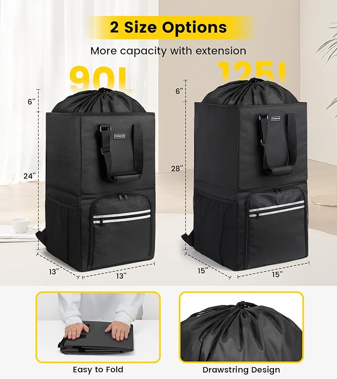 Vorspack Laundry Bag Backpack - 125L Extra Large Laundry Bags with Shoulder Straps Heavy-duty 2 in 1 Laundry Hamper Basket for College Dorm Camp Laundromat Room Essentials - Black - Image 2