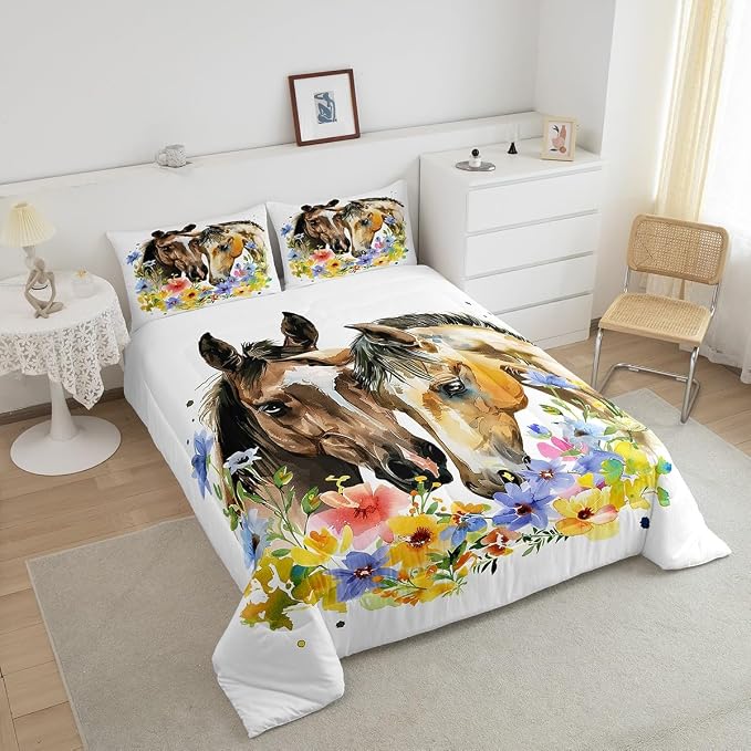 Erosebridal Horse Comforter Set, Flower Branches Down Comforter Queen Size for Kids Boys Girls, Watercolor Flower Nursery Bedding Set Rustic Country Quilted Duvet 3 Pieces with 2 Pillow Cases - Image 2