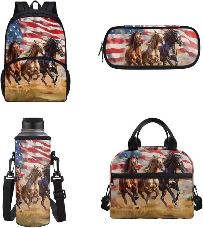 POLERO American Flag Horse Backpack and Lunch Box Set with Pencil Case Water Bottle Holder Teen Kids School Bookbag Daypack - Image 2