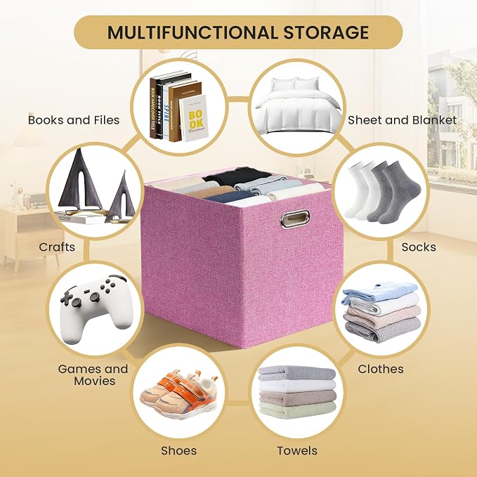 Posprica 3X Thicker Collapsible Storage Bins,13×15x13 Foldable Storage Cube Boxes Fabric Drawer for Closet Shelf Cabinet Bookcase, set of 4 (Pink) - Image 5