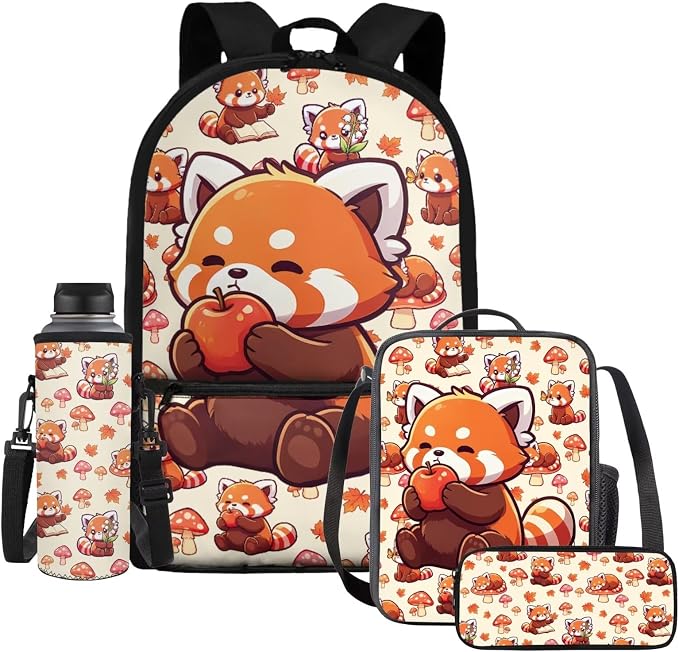 4 In 1 Kids School Combo Set - Red Panda Backpack and Lunch Box Pencil Case Water Bottle Holder for Girls Boys Back to School Supplies, Cute Animal Bookbag, Adjustable Padded Strap by Dremagia