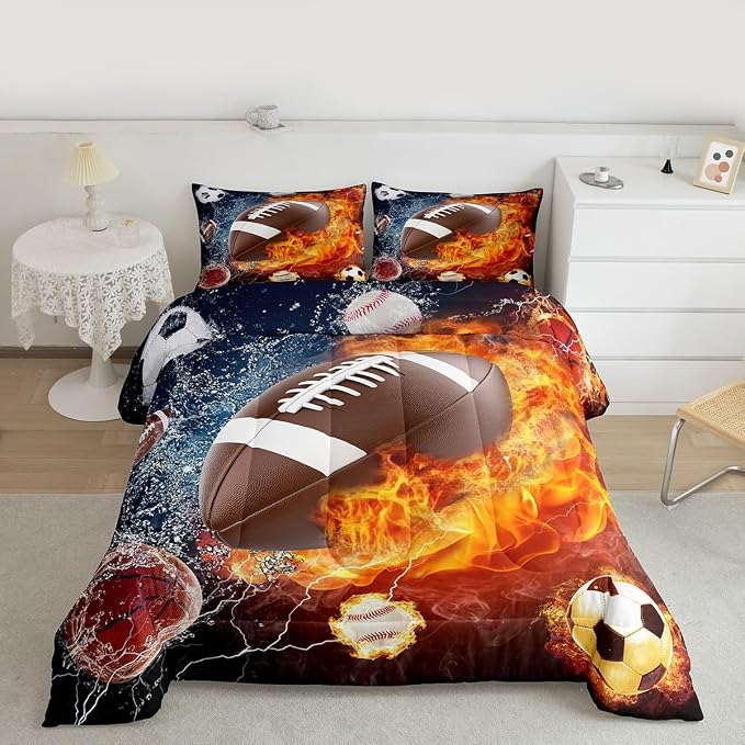 Erosebridal Football Comforter Set King Rugby Sports Bedding Set for Teen Boys Kids,Soccer Basketball Baseball Comforter Red Blue Water Fire Lightning Quilt Duvet Insert Bedroom Decor 2 Pillow Cases - Image 5