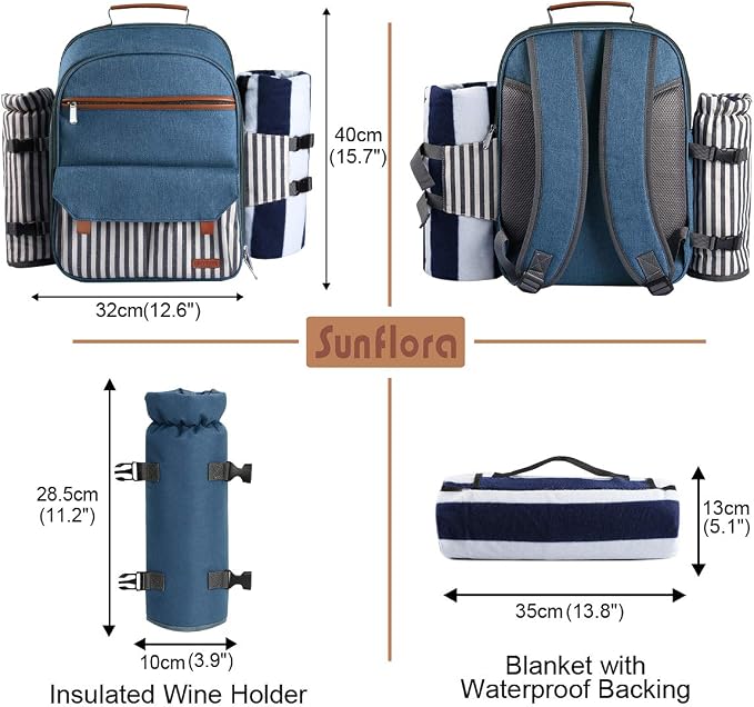 Sunflora Picnic Backpack for 4 Person Set Pack with Insulated Waterproof Pouch for Family Outdoor Camping(Blue & Stripe) - Image 3