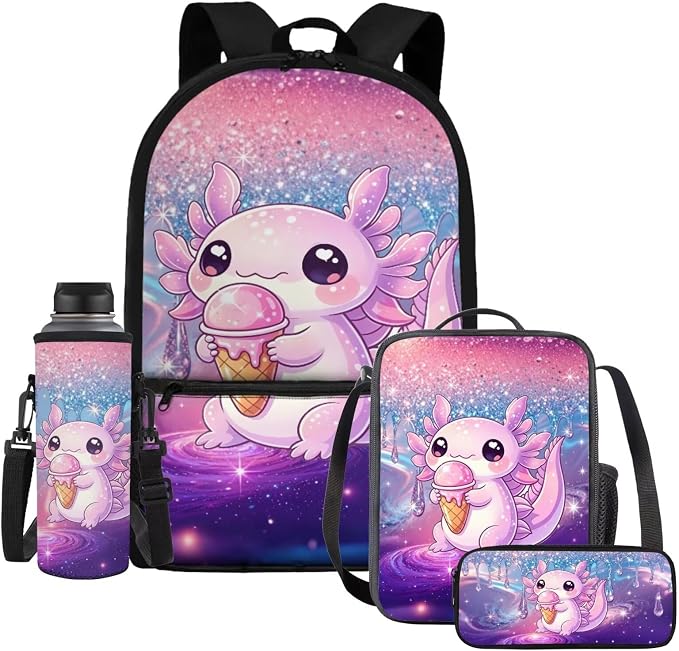 Axolotl Kids School Backpack 4-in-1 Set, Gifts for Girls Age 6-12, 17'' Cute Bookbag with Insulated Lunch Box, Pencil Case & Water Bottle Holder for Back to School Birthday Christmas by Dremagia