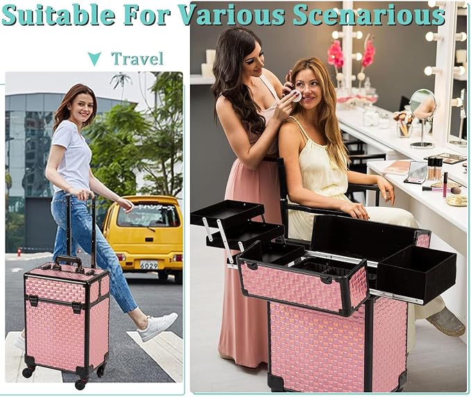 Arous Rolling Train Makeup Case Cosmetology Case on Wheels, Colorful | Cosmetic Travel Trolley 4 Tray with Sliding Rail Removable Middle Layer with Key Salon Barber Case Traveling Cart Trunk - Image 4