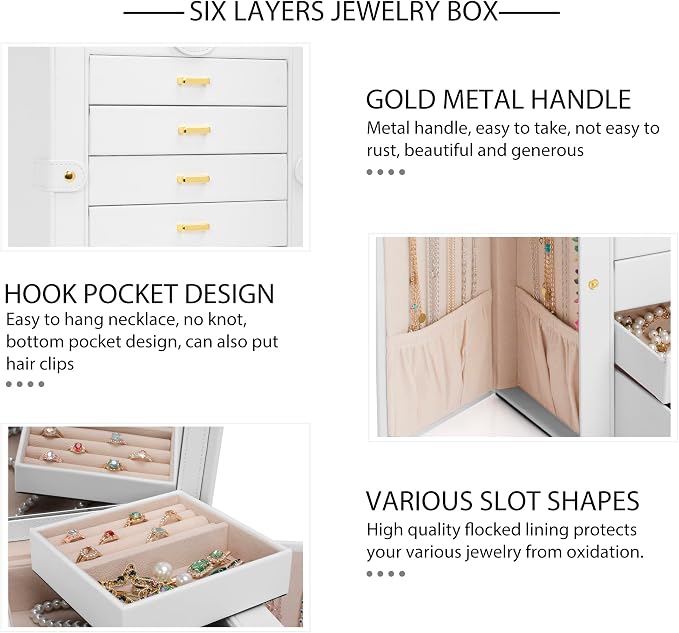 AKOZLIN 6-Tier Jewelry Box Organizer Functional 5 Drawers Leather Jewelry Storage Case for Women Girls Ring Necklace Earring Bracelet Holder Organizer with Mirror White Large - Image 7