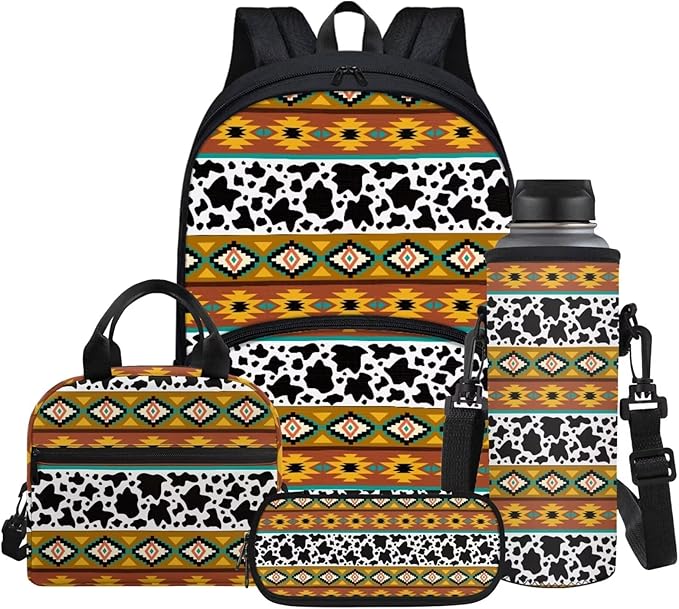 Cow Aztec Western Backpack for Kids Back To School Bookbags Teenage Backpack with Lunchbox Pen Case Water Bottle Sleeve by Glomenade