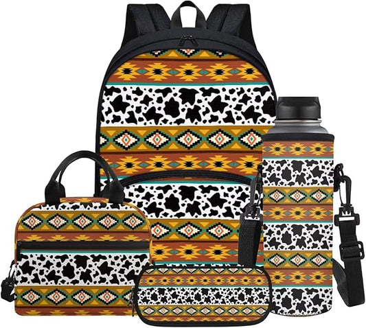 Cow Aztec Western Backpack for Kids Back To School Bookbags Teenage Backpack with Lunchbox Pen Case Water Bottle Sleeve by Glomenade