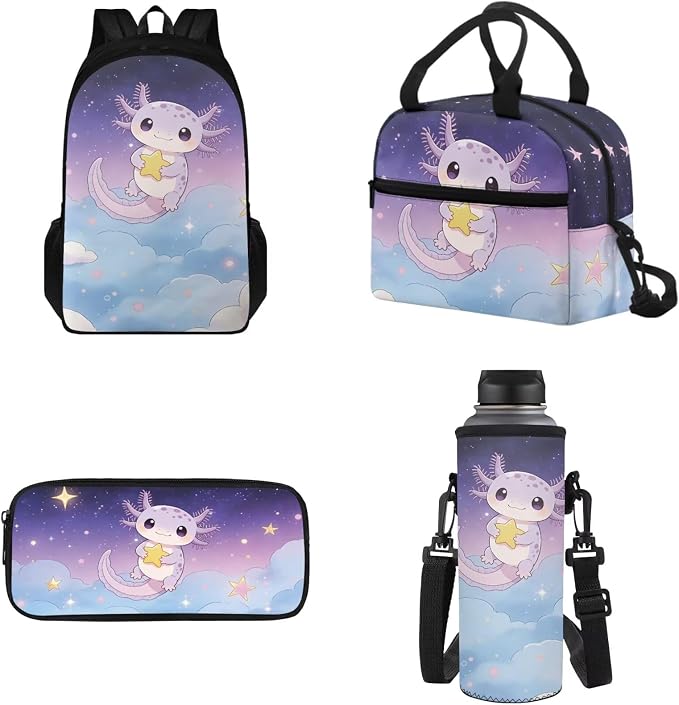 Axolotl Backpack Set for Girls with Water Bottle Sleeve Lunch Box Pencil Case for School, School Backpack Kids Student Back to School Bookbag by Tomeusey
