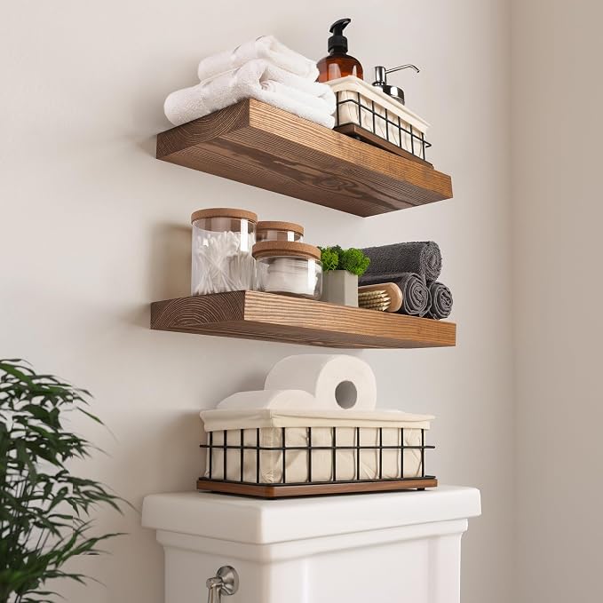 BAOBAB WORKSHOP Wooden Bathroom Basket Organizer & Storage, Toilet Paper Basket for Back of Toilet Tank Topper Tray, Paper Holder Basket for Bathroom Decor Box with Liners, Solid Wood & Wire, Set of 2 - Image 2