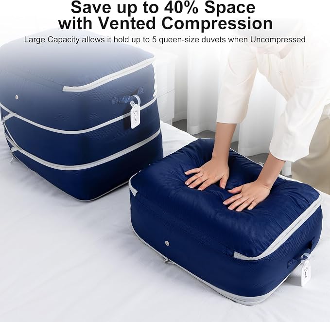Comforter Storage Bag - Large Capacity Blanket Storage Bags 3-Layer Ultra Space Saving Self Compression Organizer, Washable Compression Bags for Storage Comforter Blanket, 2-Pack, Navy Blue - Image 3
