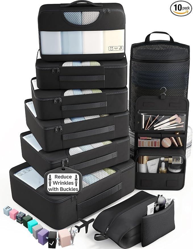 Veken 10 Set Packing Cubes for Travel Essentials,Anti-Wrinkle Buckled Suitcase Organizer for Shoe & Toiletry Bag,Carry On Luggage Bag with 99+ Count Mesh Holes for Airplane & College Dorm Accessories by Veken