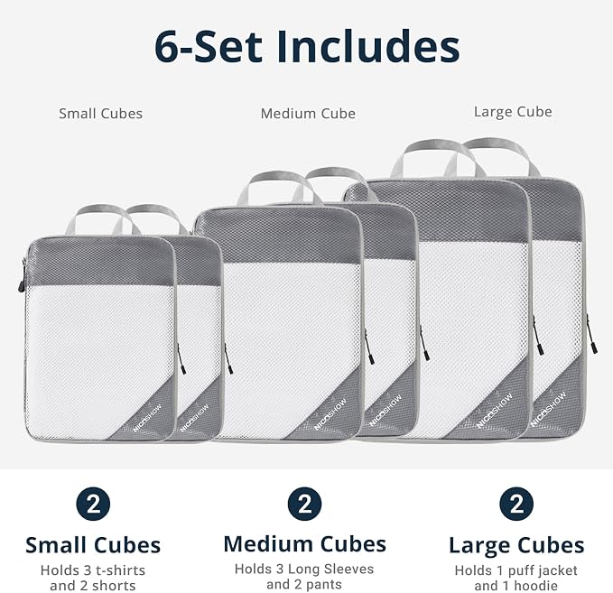 NICOSHOW 6 Set Compression Packing Cubes for Travel - Compressible, Lightweight, and Space-Saving Packing Cubes, Travel Essentials for Women, Grey - Image 3