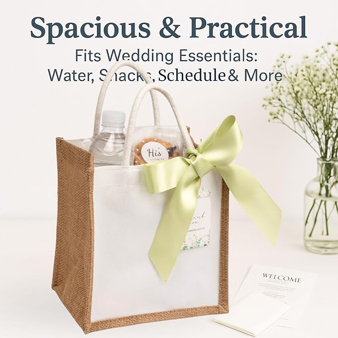 10 Pack Small Burlap Gift Bags with Light Green Ribbons for Bridesmaid, Wedding Welcome Reusable Jute Tote - Image 3