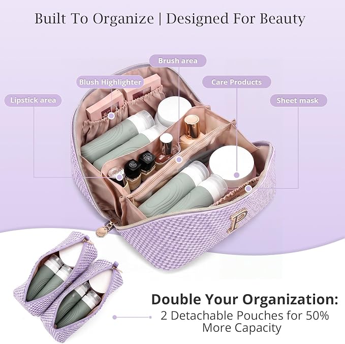 Personalized Gift Travel Makeup Bag: Initial Makeup Organizer Bag for Women | 3-in-1 Custom Make up Bag Set - Vegan Leather Travel Cosmetic Bag - Luxury Gift for Women – Birthday, Anniversary, Graduation - Image 3